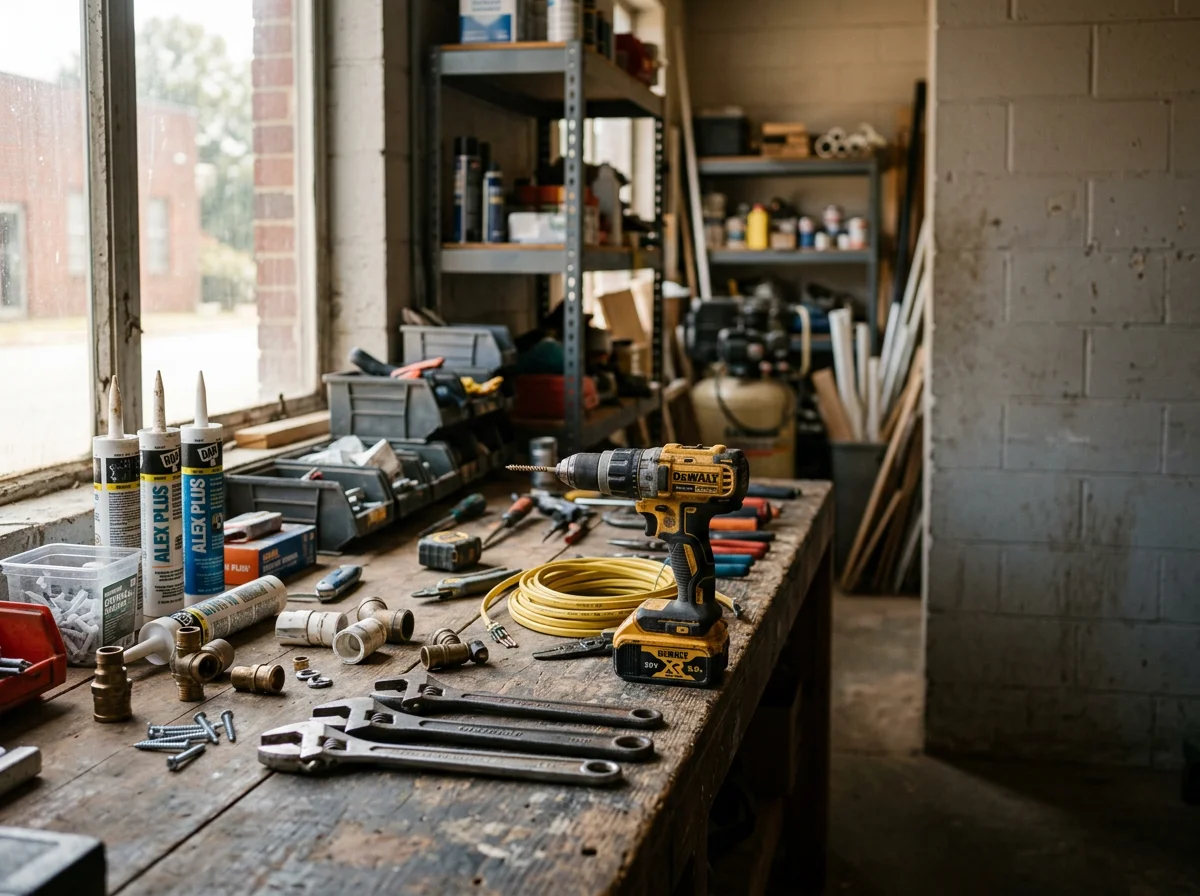 Tools and equipment arranged on a workbench, representing the range of handyman services from plumbing to electrical repairs.