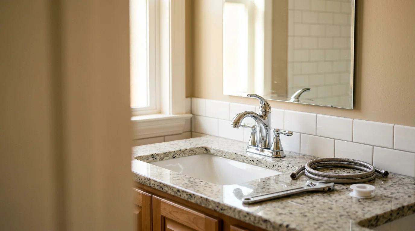 Plumber installing sink fixture in Charlotte bathroom