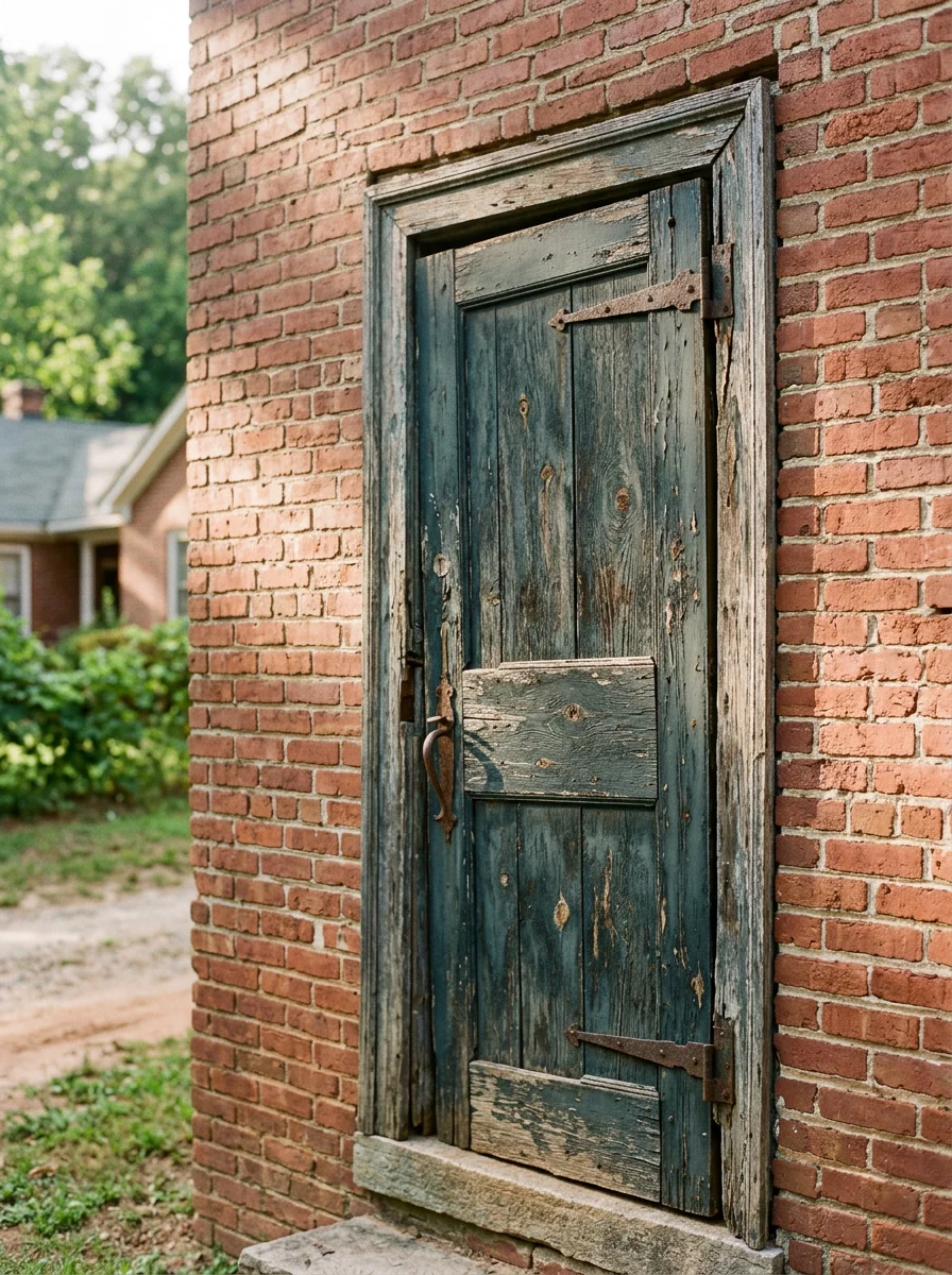 An exterior wood door on a Gaston County mill-village home being inspected for hinge sag and frame gap, with original brick exterior visible.