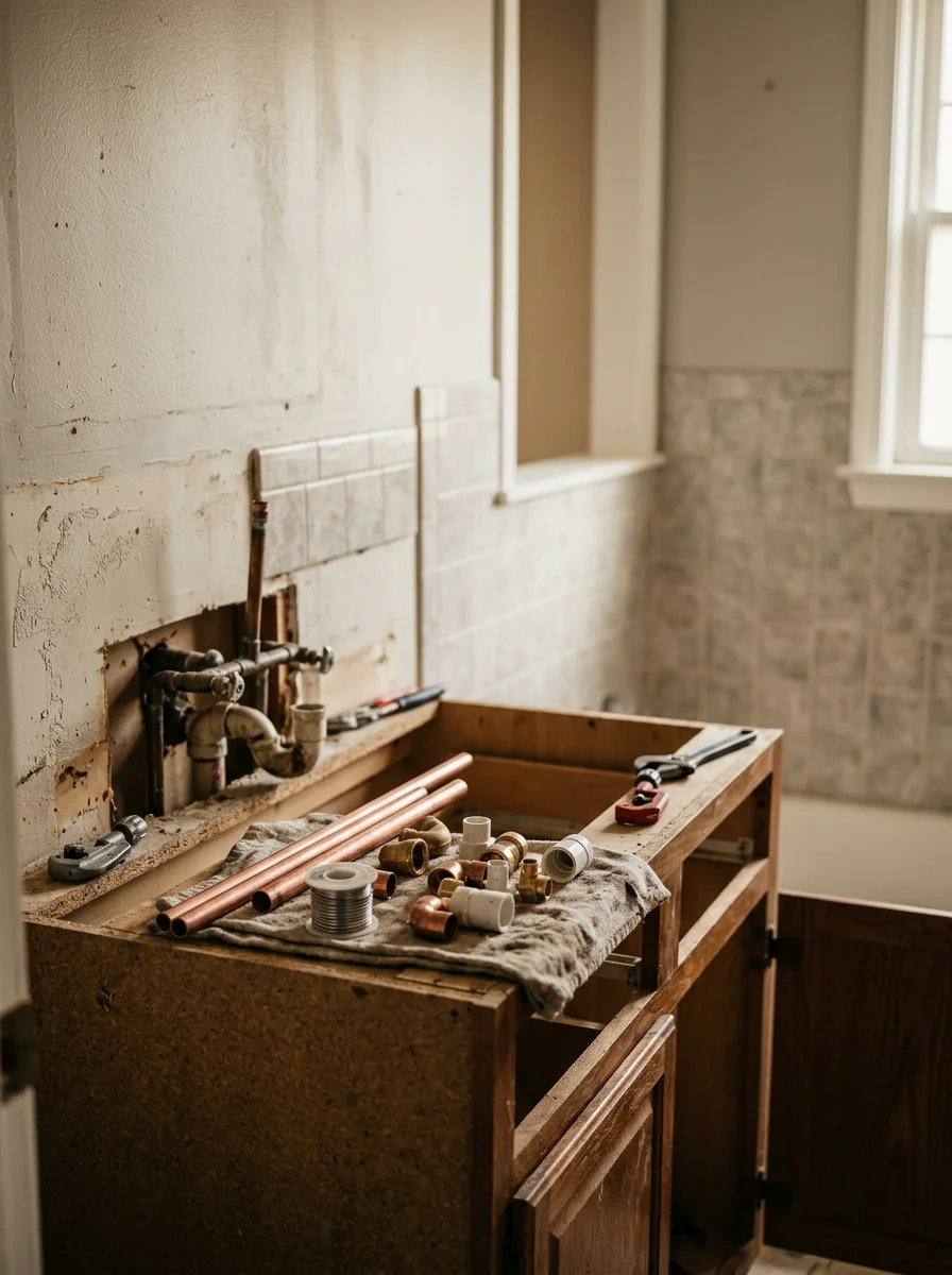 A bathroom vanity being replaced in a lower Cabarrus County home, with the old particleboard cabinet removed and new plumbing connections being fitted.