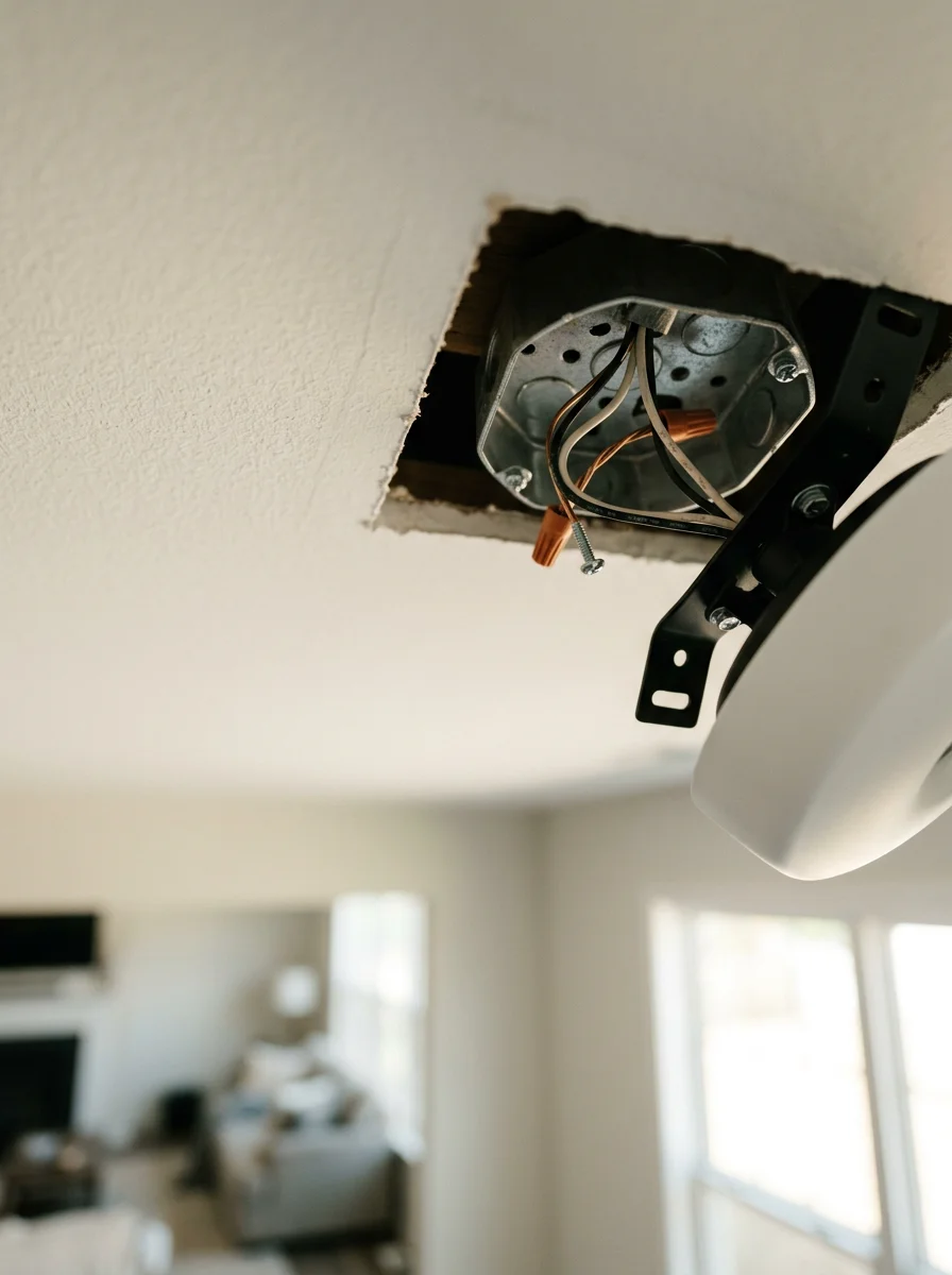 Close-up of a ceiling fan being installed in a Mecklenburg County home, with the installer checking the fan-rated electrical box before mounting.