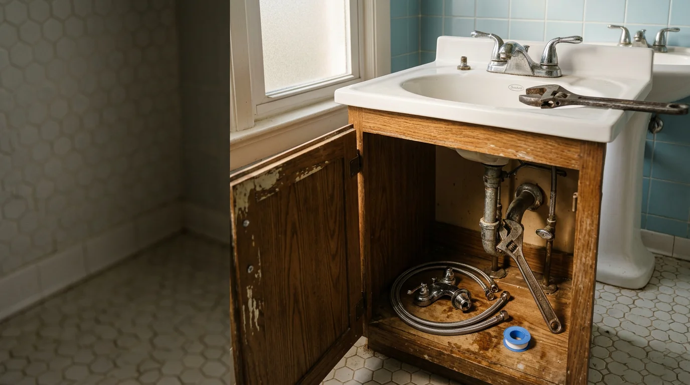 A handyman replacing a faucet under a bathroom sink in a 1960s brick ranch home in Charlotte, NC, with original tile visible in the background.