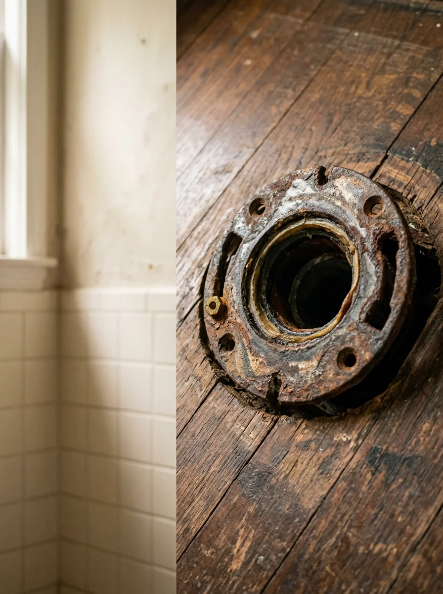 A toilet being replaced in an older Monroe, NC home, with the installer inspecting the cast-iron floor flange before setting the new fixture.