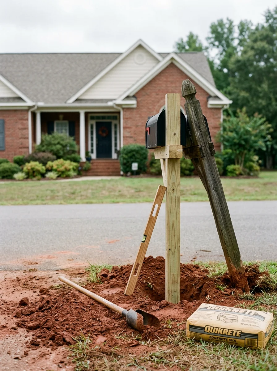 A leaning mailbox post being replaced in front of a traditional-style home in upper Lancaster County, SC, with red clay soil visible at the base.