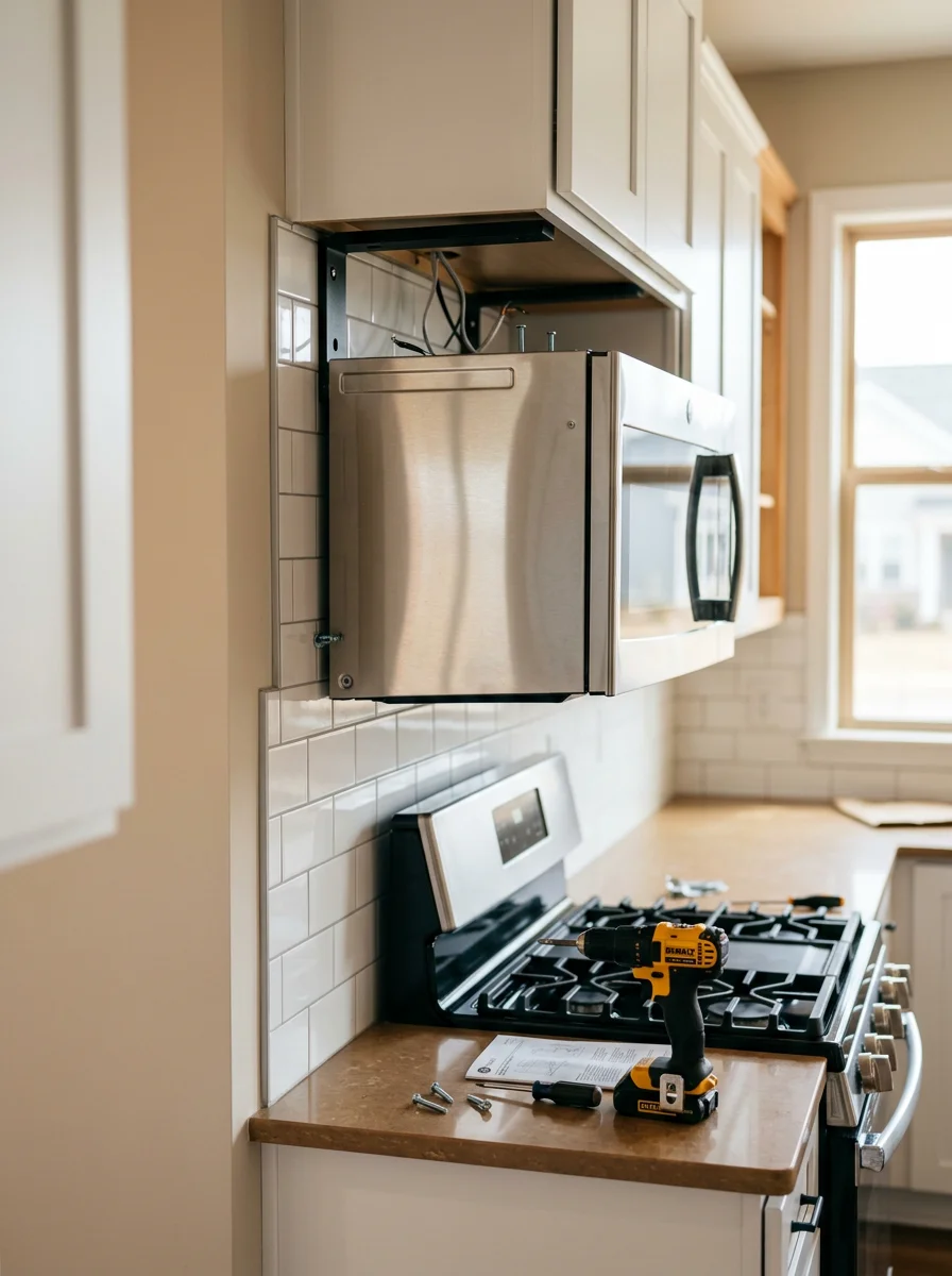 An over-the-range microwave being installed in a Fort Mill, SC home kitchen, with the installer securing the mounting bracket to the cabinet above.