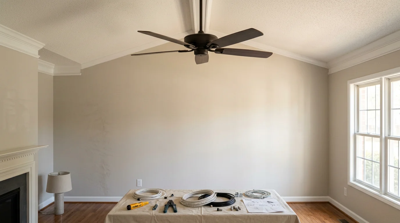 A ceiling fan freshly installed and level on a residential ceiling in a Mecklenburg, NC home. The mounting bracket is flush, blades are evenly spaced, and the pull chain hangs centered below the motor housing.