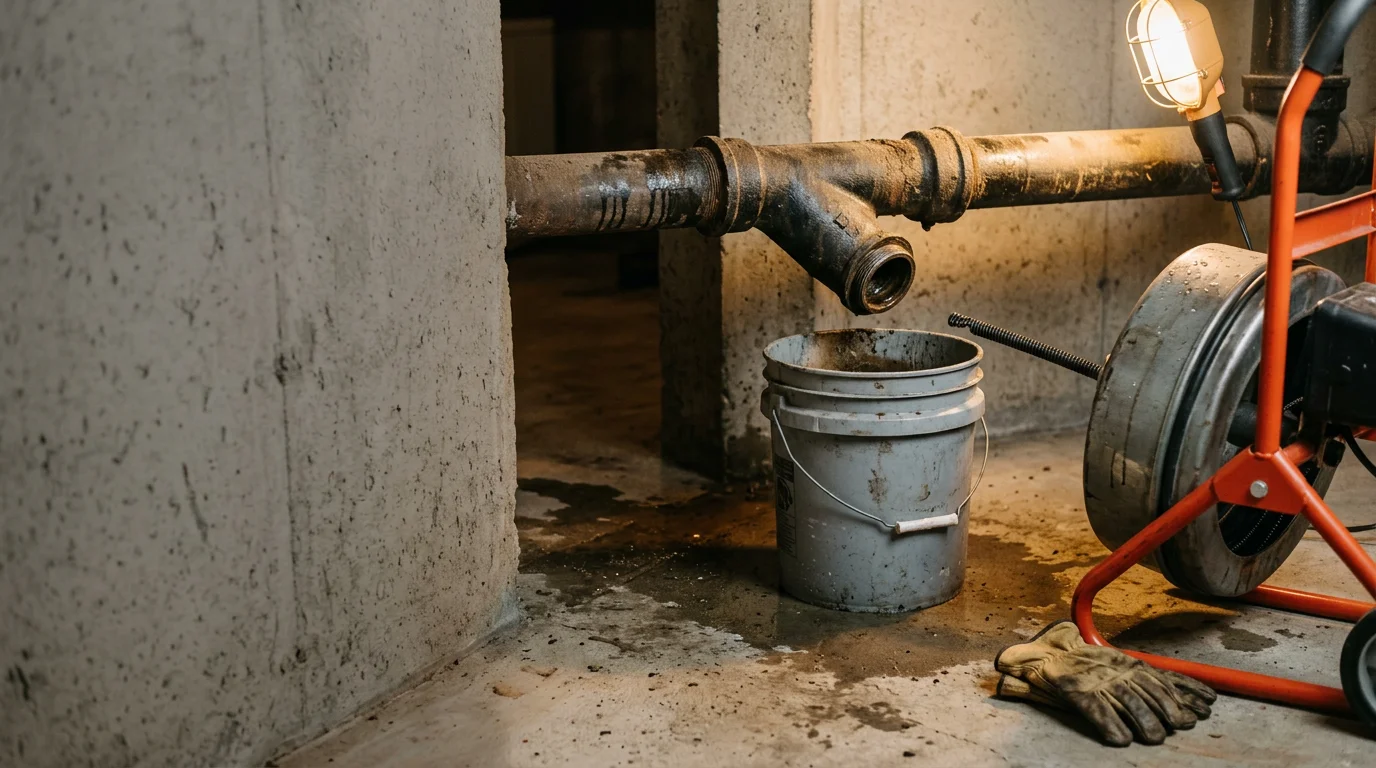 A residential drain line access point in a Mecklenburg, NC home yard, showing a cleared pipe after clogged drain line repair. A service technician inspects the open cleanout to confirm water flow is fully restored.