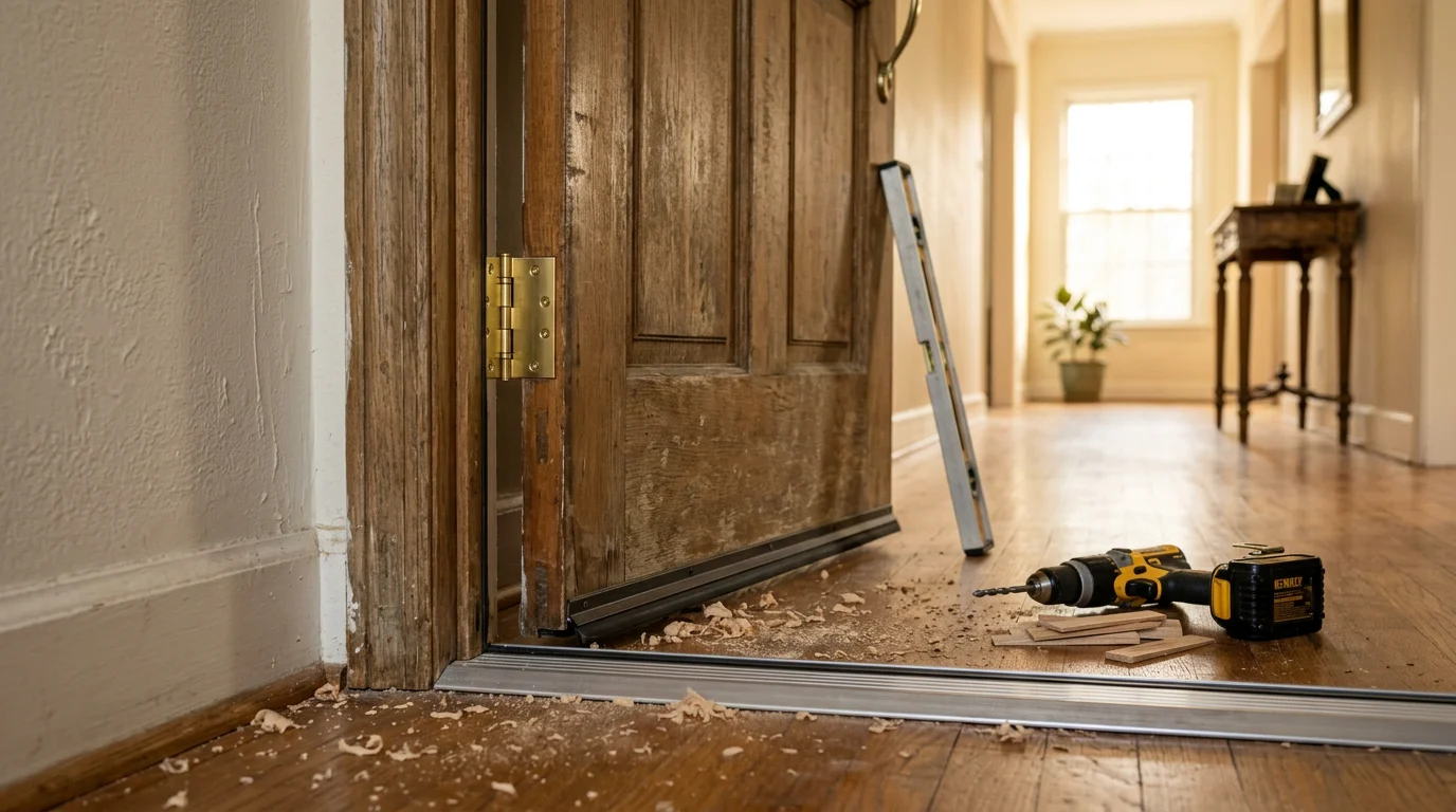 A repaired exterior door with a properly seated frame and new weatherstripping on a residential home in Mecklenburg, NC. The door closes flush against the jamb with no visible gaps.