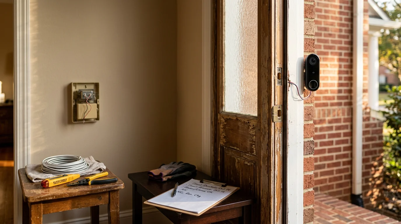 A newly installed wired doorbell button mounted beside a front door of a residential home in Mecklenburg, NC. A handyman tests the chime connection to confirm the system is working correctly.