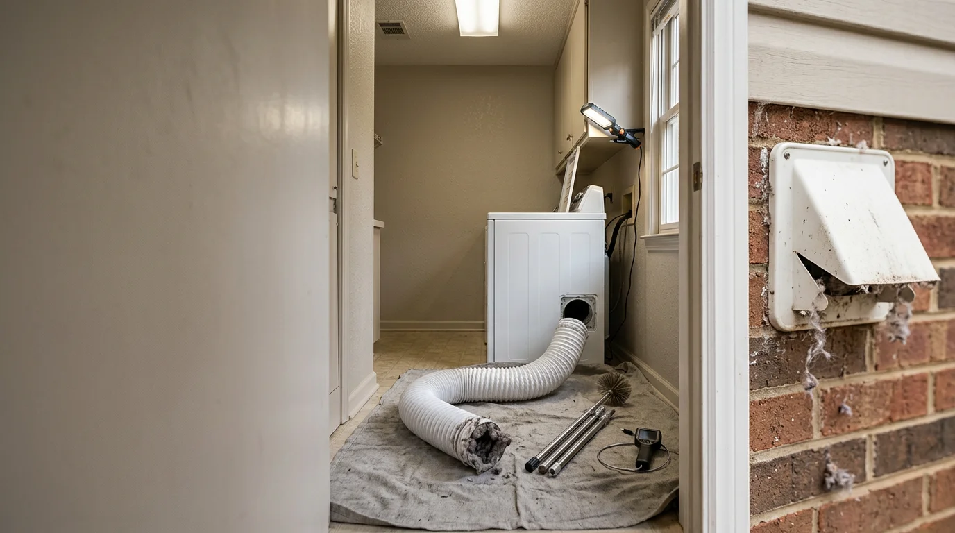 A Keith Handyman technician clearing a packed lint blockage from a residential dryer vent duct in a Mecklenburg, NC home. The exterior vent cap is visible in the background, fully open and unobstructed after the cleaning.