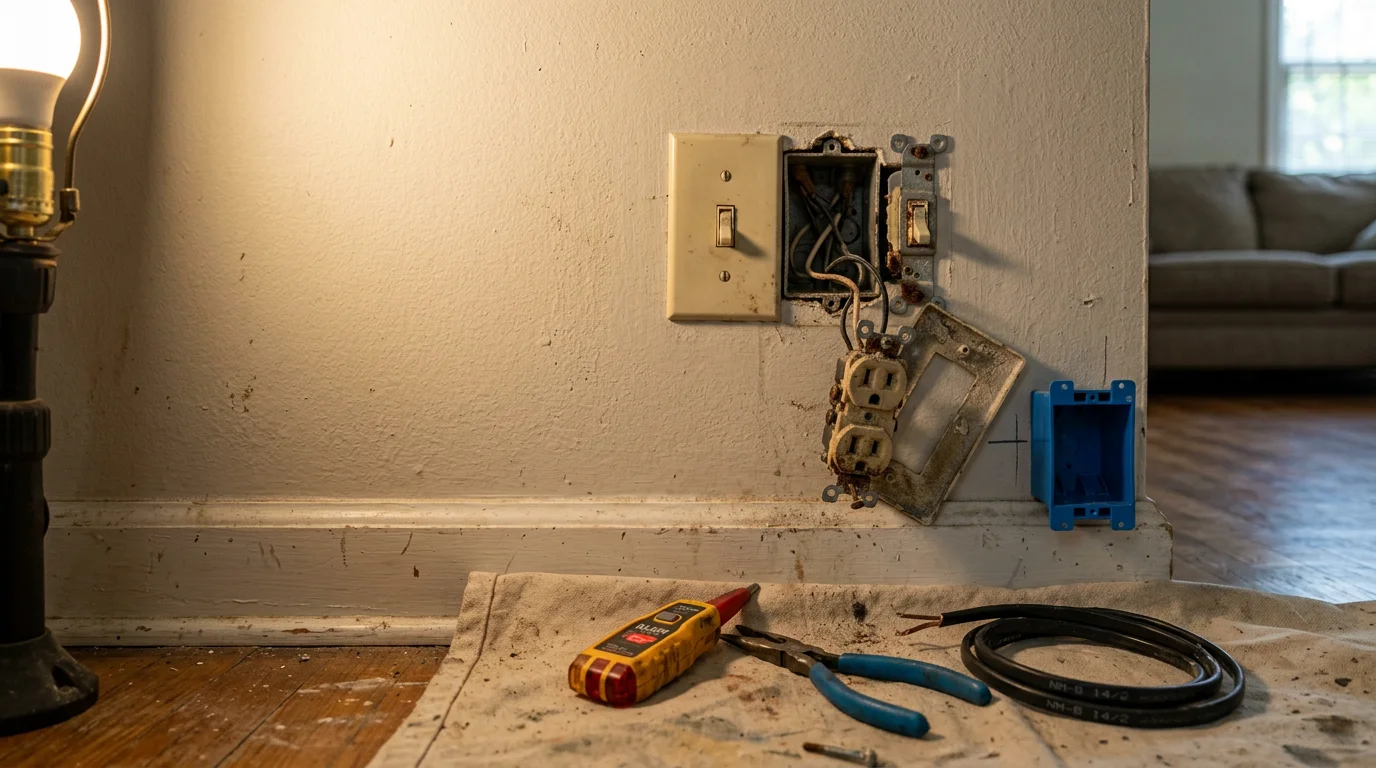A handyman repairing a residential electrical outlet on a painted interior wall in a Mecklenburg, NC home. The outlet cover plate is removed, exposing the wiring connections being inspected and corrected.