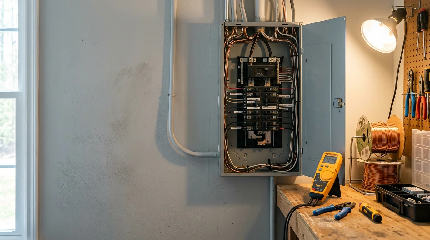 A residential electrical panel being inspected and repaired in a Mecklenburg, NC home. A technician checks wiring connections inside an open breaker box during an electrical repair service call.