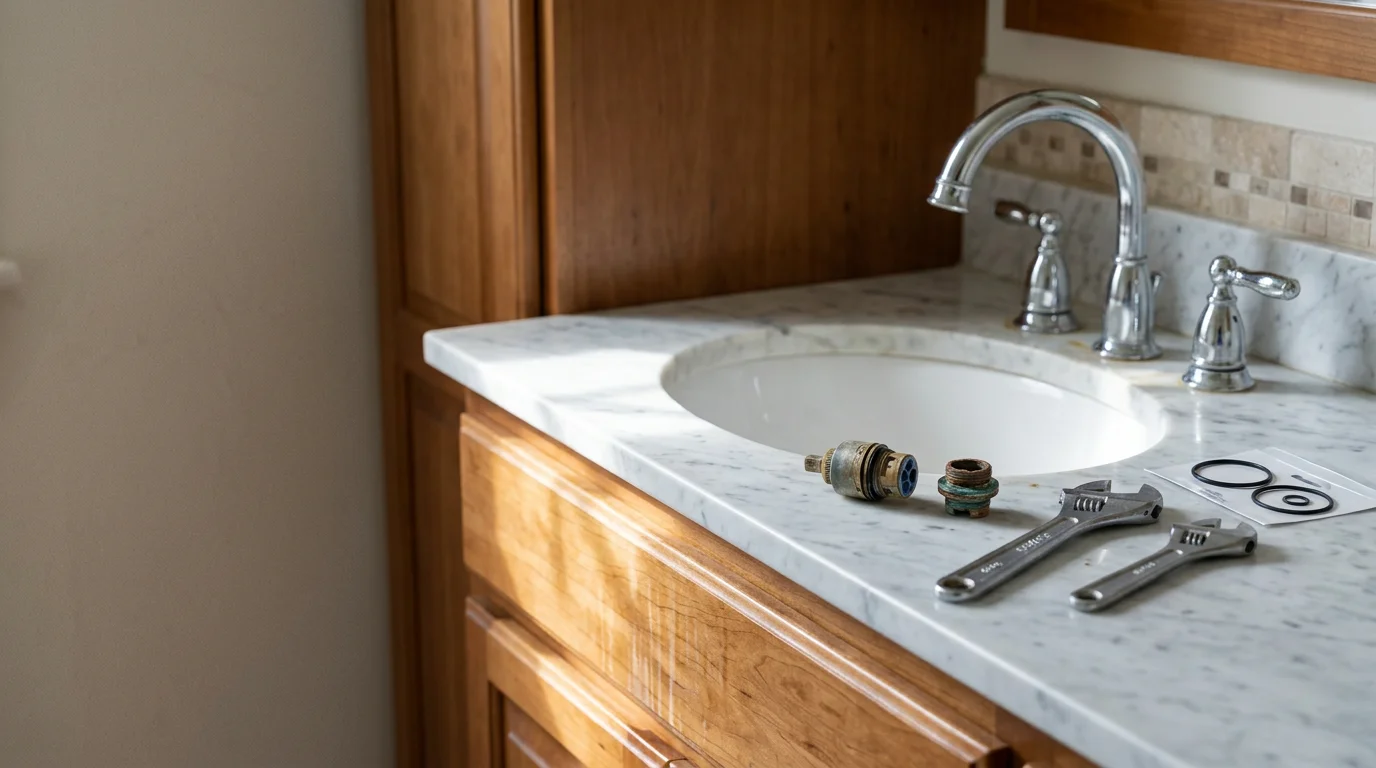 A kitchen faucet in a Mecklenburg, NC home after professional repair, showing a clean fixture with steady water flow and no visible leaks at the base or spout.
