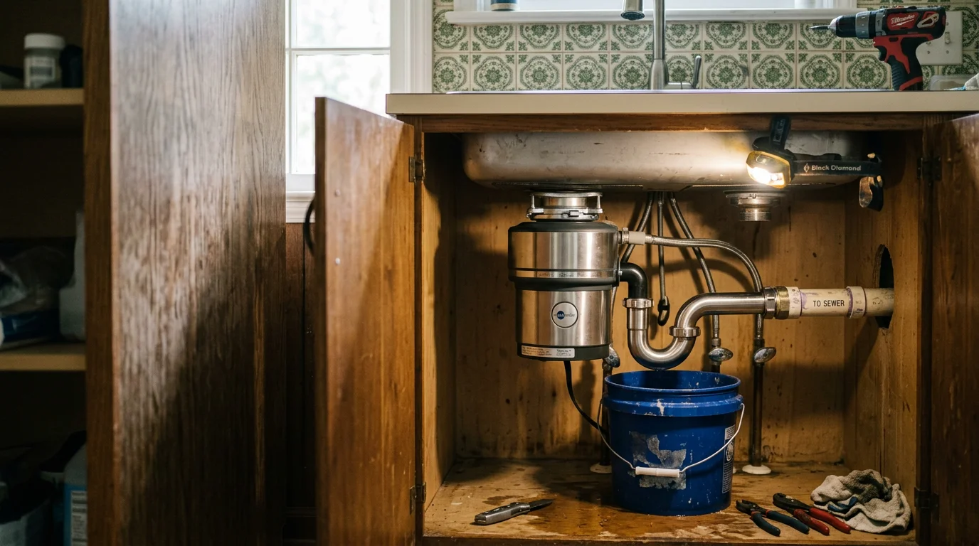 A kitchen sink cabinet in a Mecklenburg, NC home with a garbage disposal unit being inspected and serviced by a handyman. The under-sink plumbing connections and drain lines are visible and in good condition after a professional unclog and replacement service.