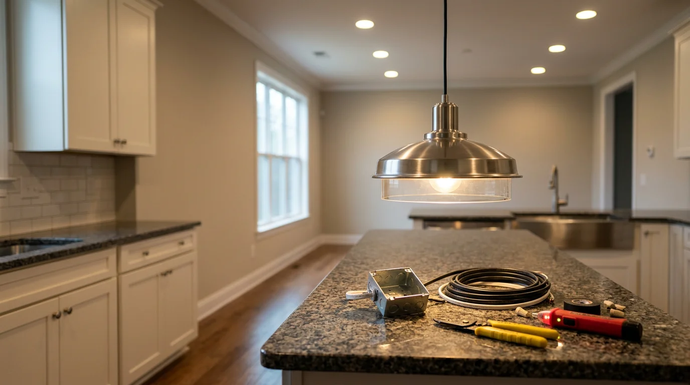 A newly installed pendant light fixture hanging over a kitchen island in a Mecklenburg, NC home. The fixture is centered and level, with clean wiring and a secure ceiling mount.