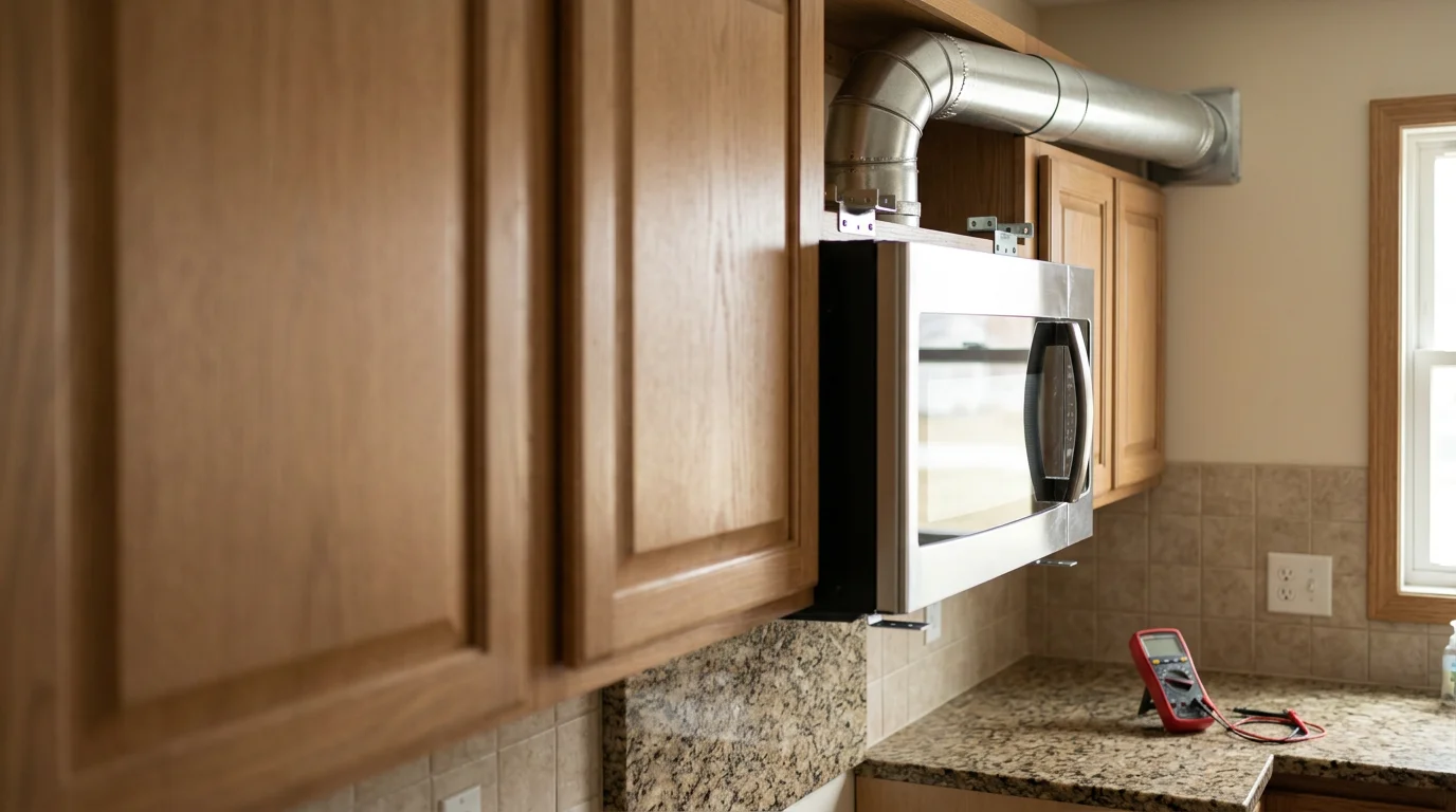 A handyman securing an over-the-range microwave to the wall cabinet above a kitchen stove in a Mecklenburg, NC home. The unit is level and flush with the surrounding cabinetry, with venting connections visible behind the appliance.