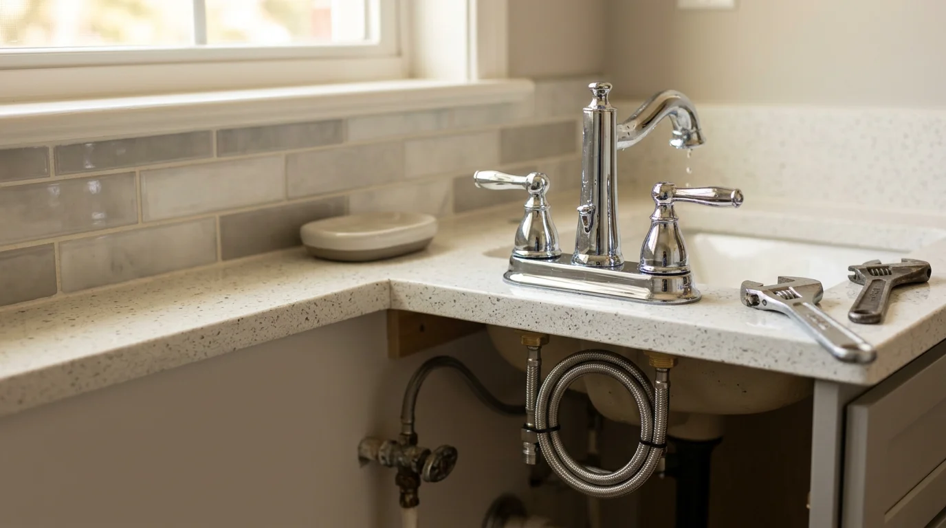 A handyman replacing a worn faucet fixture under a kitchen sink in a residential home in Mecklenburg, NC. Tools and a new supply line fitting are visible on the cabinet floor beside the work area.