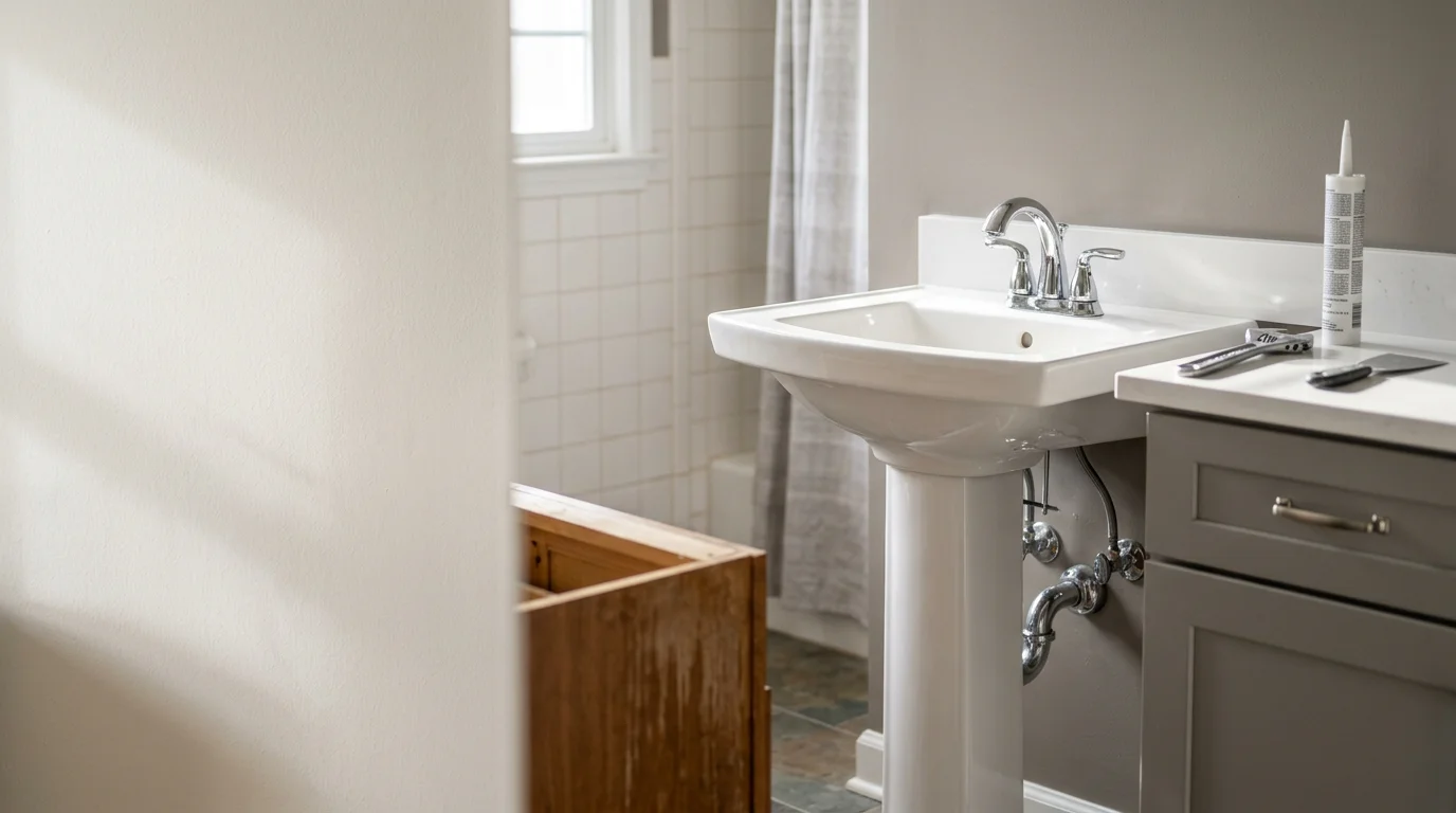 A newly installed white bathroom vanity with an undermount sink and fresh supply line connections in a Mecklenburg, NC home. The old vanity has been removed and the new cabinet sits flush against the wall with clean caulk lines along the base.