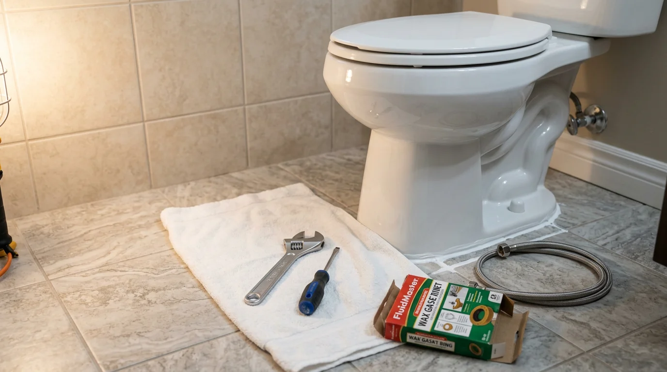 A handyman completing a toilet replacement in a residential bathroom in Mecklenburg, NC, with the new fixture fully installed and the work area clean. The image shows the finished toilet set against a standard bathroom floor, reflecting a typical home repair service call in the area.
